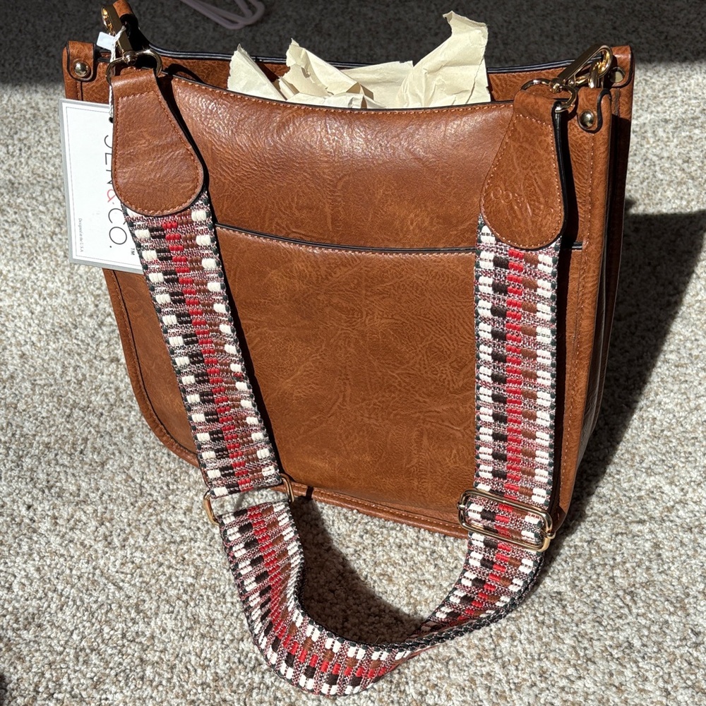 Jen & Co. Tan Crossbody Bag with Red-Accent Woven Strap
